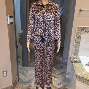 Victoria's Secret Satin Leopard Pajama Set in Pink and Black